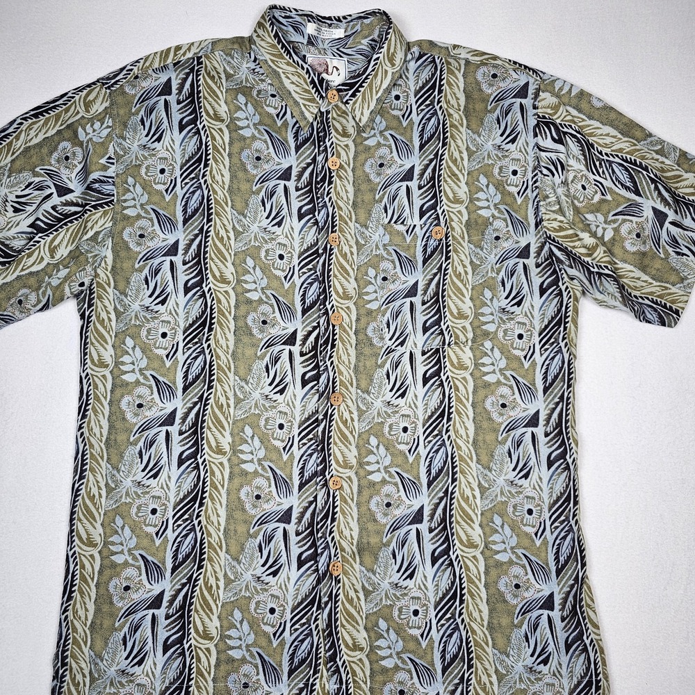 Marc Edwards Mens L Hawaiian Short Sleeve Button‎ Down Shirt Green Blue Flowers